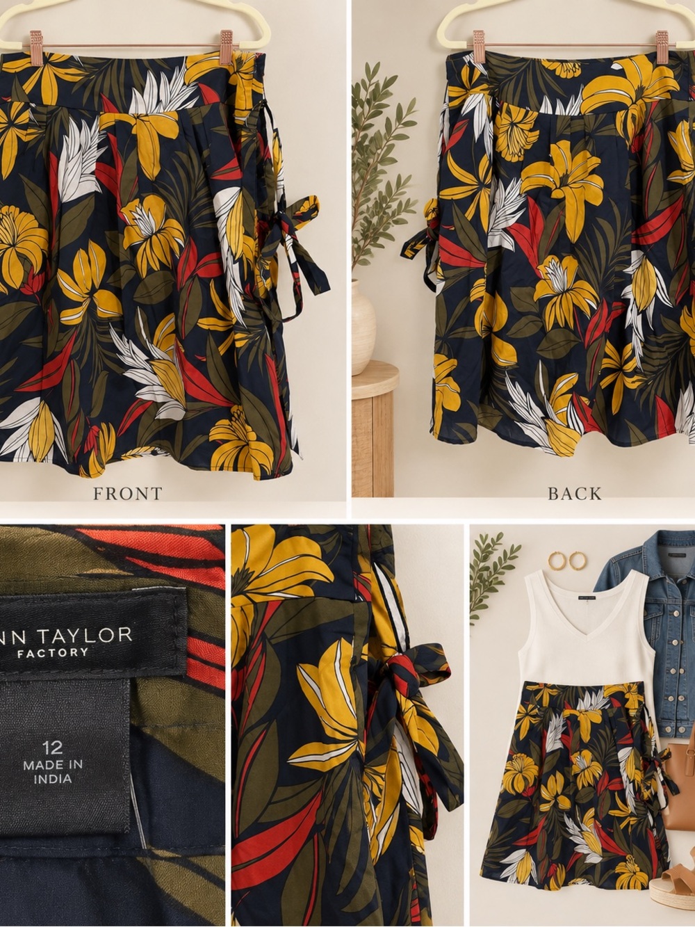 Ann Taylor Factory Navy Floral Wrap Skirt with Mustard & Red Blooms Size 12